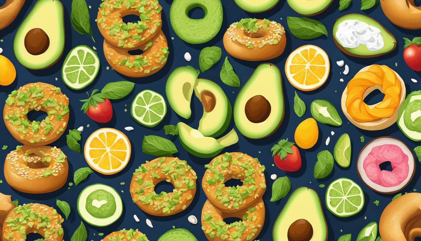 A colorful array of bagels topped with various avocado spreads, surrounded by fresh ingredients and vibrant garnishes