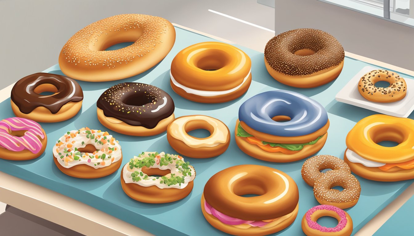 A variety of bagels with different toppings and spreads displayed on a counter at a Dunkin' Donuts store