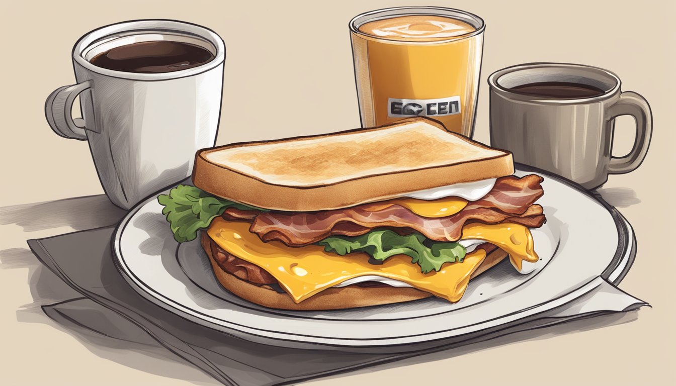 A sizzling bacon, egg, and cheese sandwich sits on a paper wrapper next to a hot coffee cup, ready for a road trip breakfast