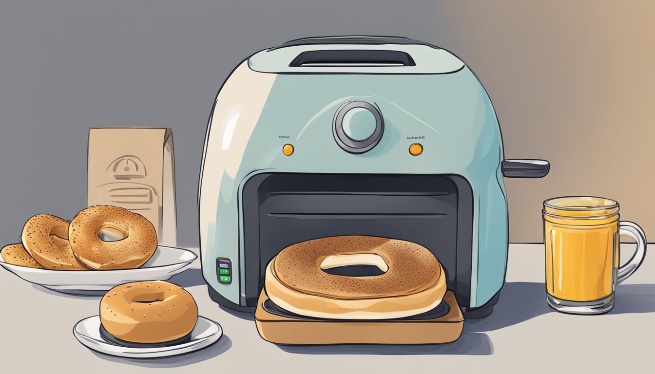 A bagel being double-toasted in a toaster, with various toppings and spreads displayed next to it