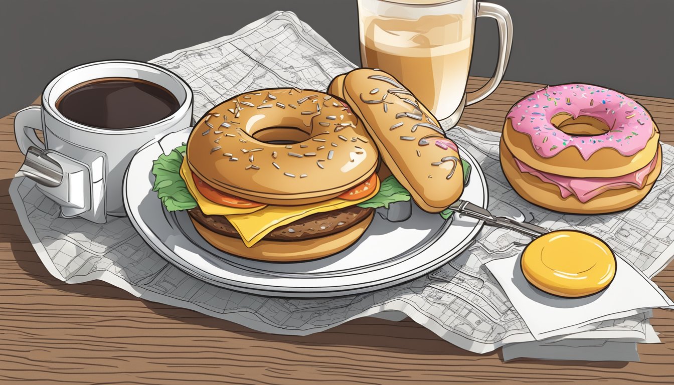 A breakfast sandwich, coffee, and donut on a table with a map and car keys, ready for a road trip