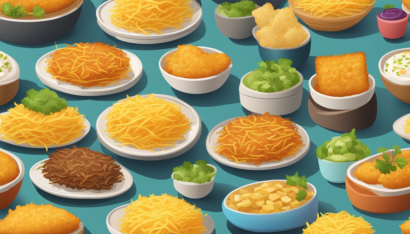 A colorful array of hash browns arranged in various creative and appetizing presentations