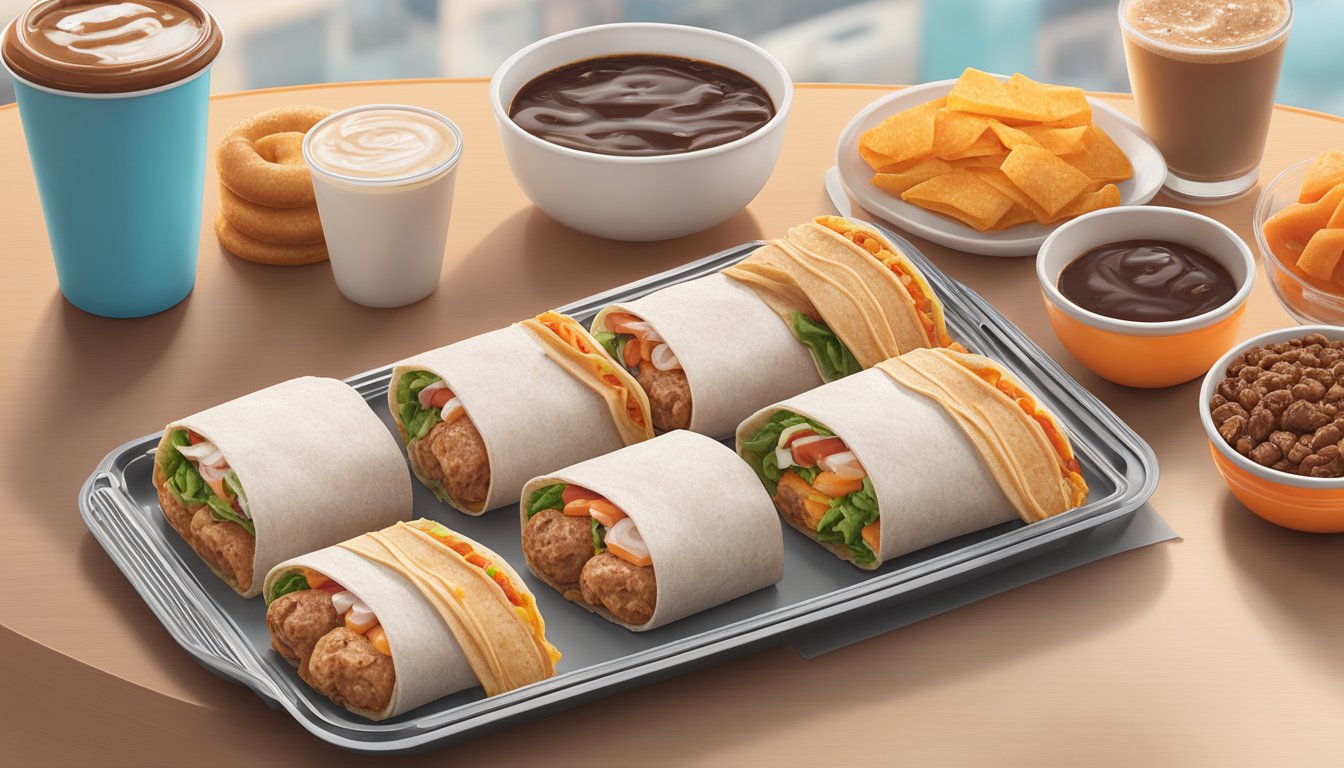 A steaming hot turkey sausage wake-up wrap sits on a tray alongside other Dunkin' breakfast items, ready for a road trip