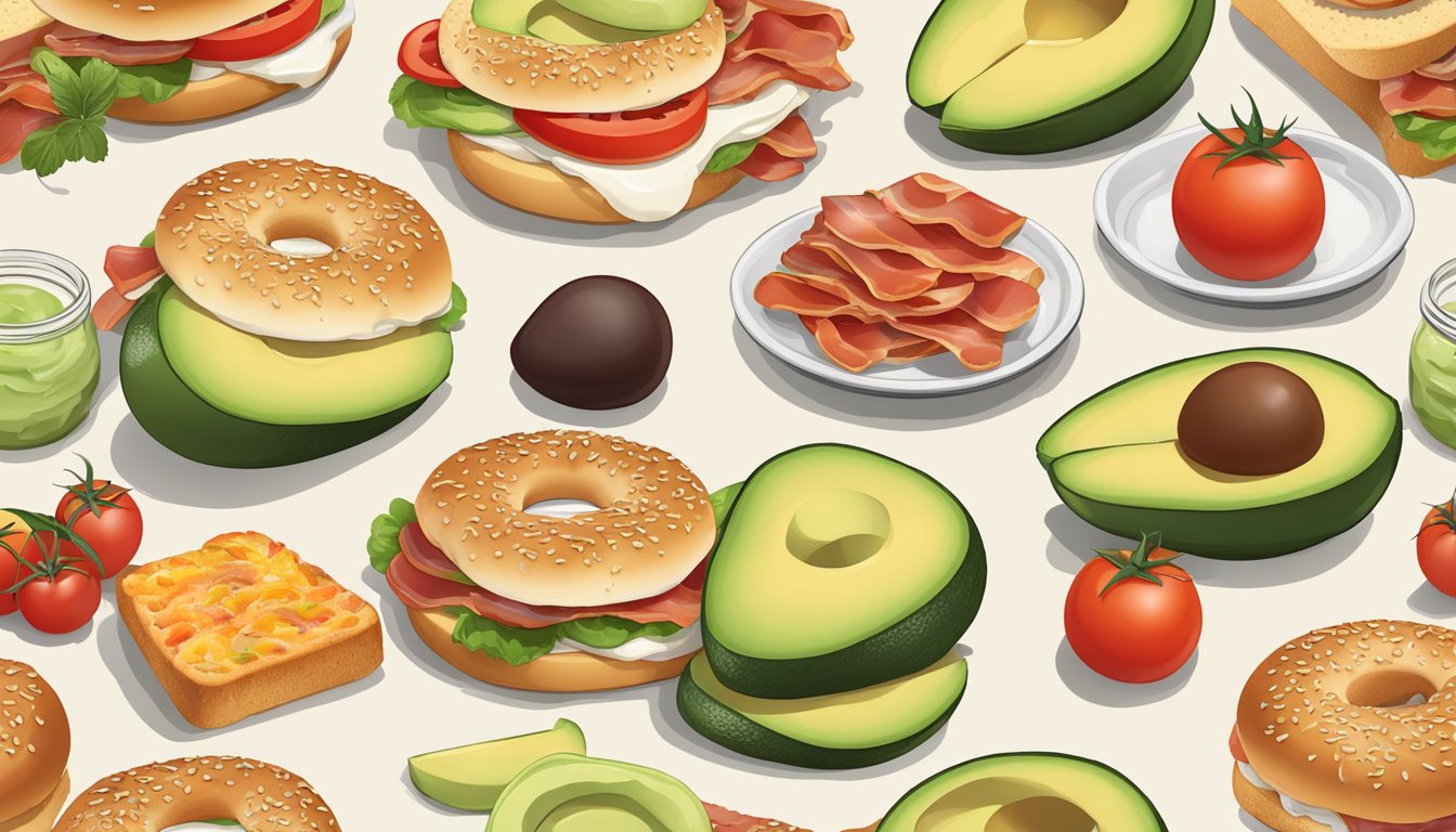 A variety of toppings and spreads surround an Asiago Cheese Bagel, including cream cheese, avocado, bacon, and tomatoes