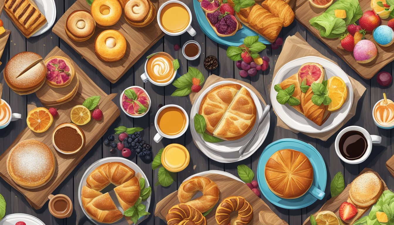 A colorful array of freshly baked pastries and savory breakfast sandwiches arranged on a rustic wooden table, surrounded by steaming cups of coffee and vibrant fruits