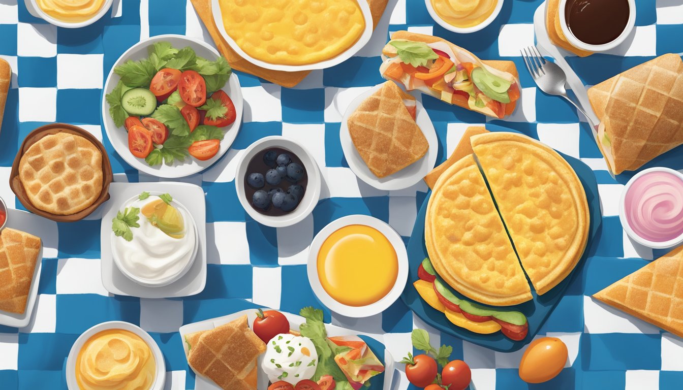 A colorful veggie egg white omelet surrounded by 6 other Dunkin' breakfast items, all neatly arranged on a checkered picnic blanket