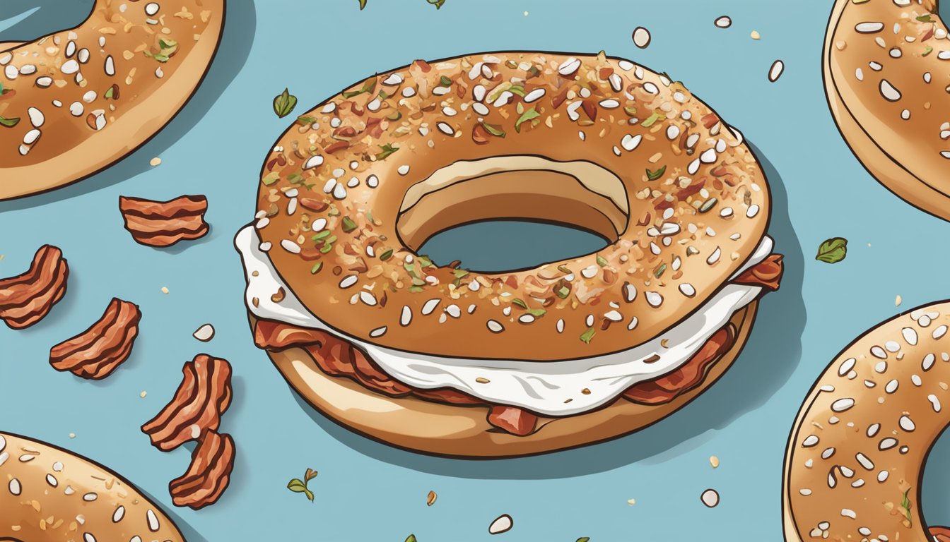 A bagel split in half, one side topped with crispy bacon and drizzled with maple syrup, the other side spread with sweet cream cheese and sprinkled with savory everything bagel seasoning