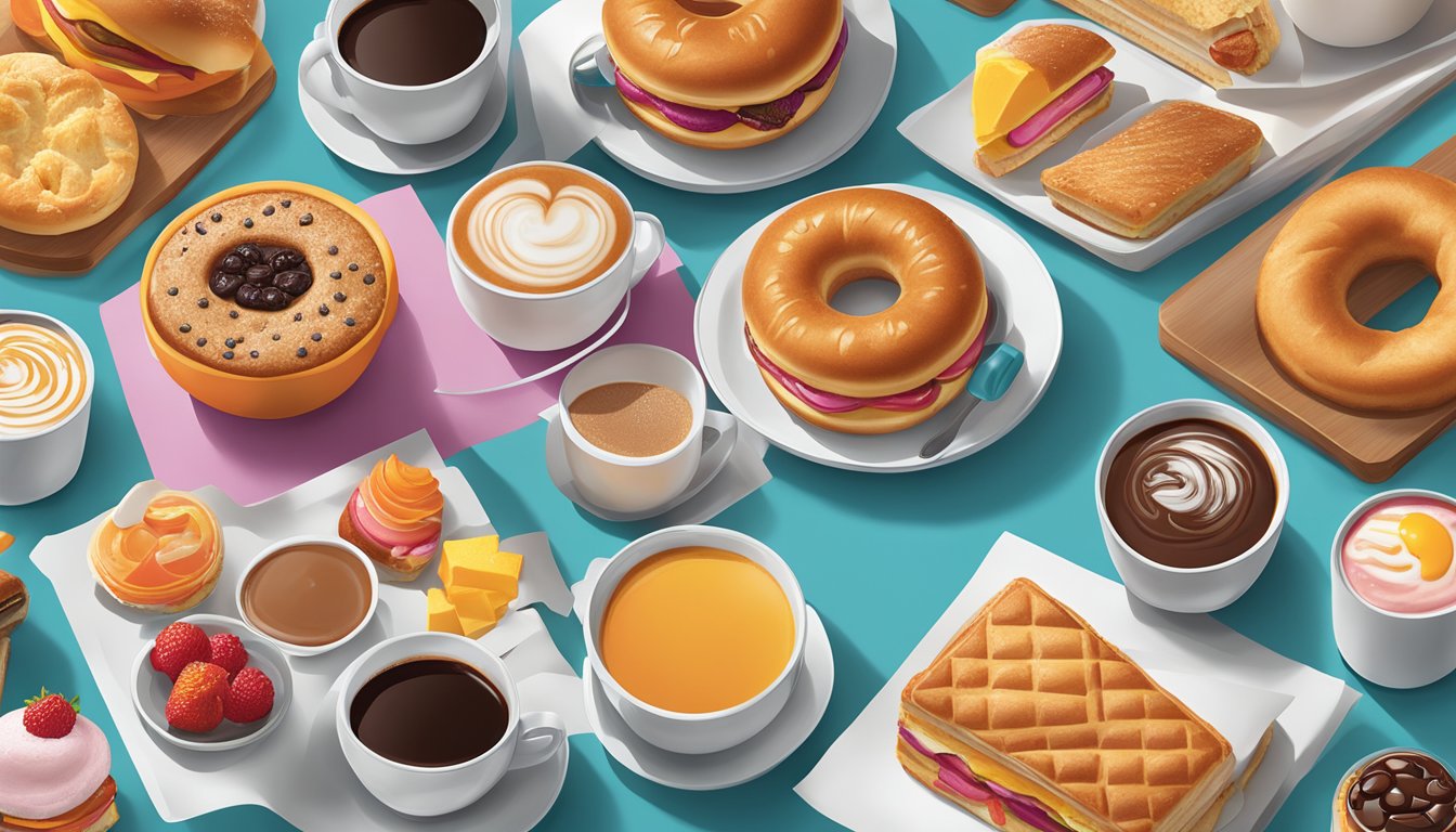 A colorful array of Dunkin' breakfast items arranged on a table, including a variety of sandwiches, pastries, and coffee, with steam rising from the hot drinks