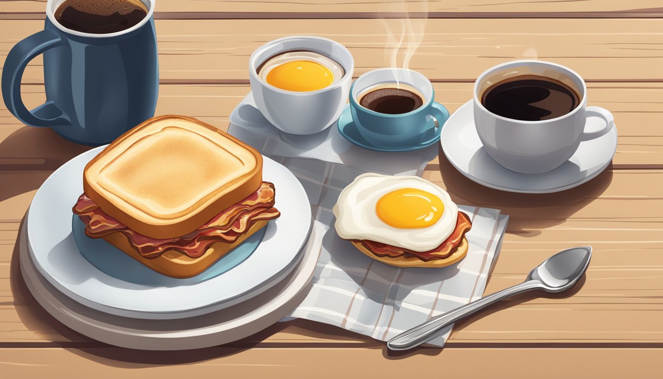 A sizzling maple sugar bacon breakfast sandwich with a steaming cup of coffee on a table, ready for a road trip breakfast