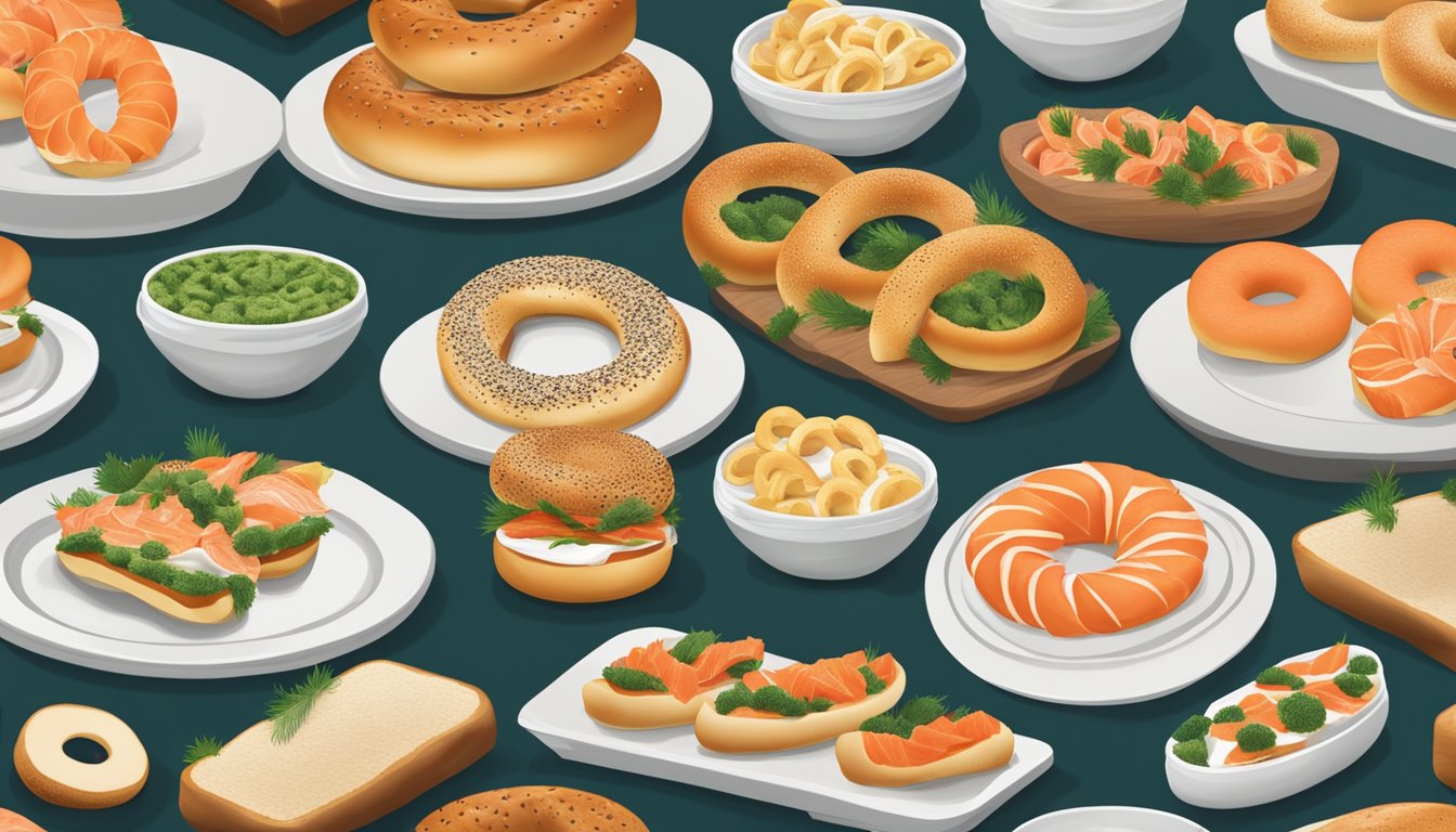 A table with 15 different bagel dishes, all featuring smoked salmon as the main ingredient, arranged in an appetizing display