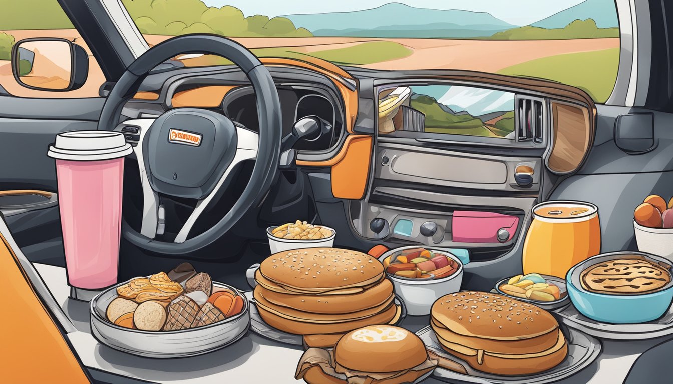 A car dashboard with a variety of Dunkin' breakfast items neatly arranged for a road trip