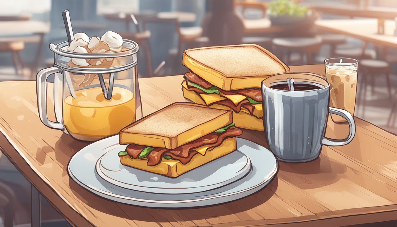 A sizzling bacon, egg, and cheese sandwich sits next to a frosty iced coffee, all set on a table with the Aries zodiac symbol in the background