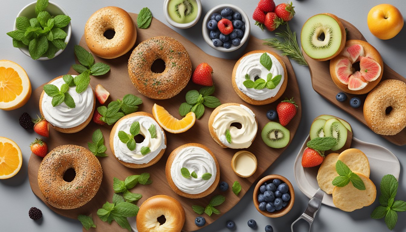 A colorful array of bagels and cream cheese spreads displayed on a wooden serving board, surrounded by fresh fruit and herbs