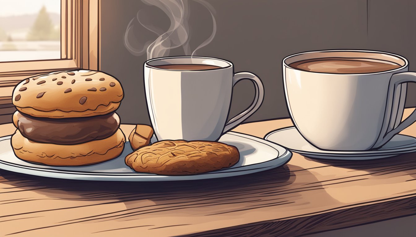 A steaming sausage biscuit sits next to a mug of hot chocolate on a table, with a cozy breakfast nook in the background