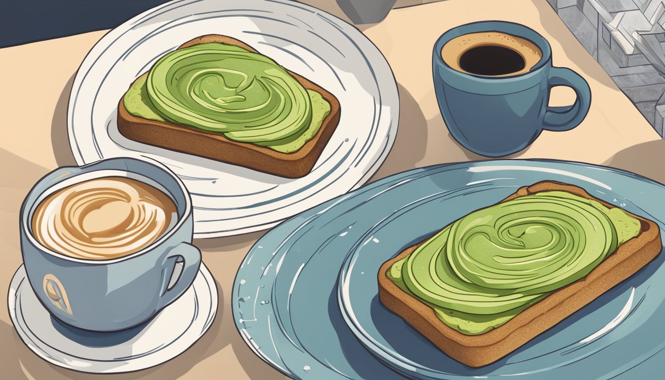 A plate of avocado toast sits next to a steaming decaf latte, with a Gemini zodiac symbol in the background