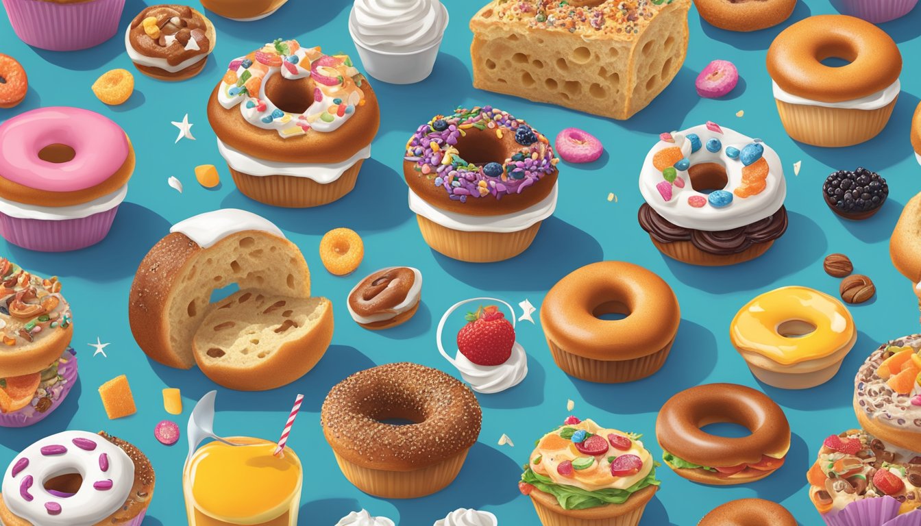 A muffin and bagel merge into a hybrid breakfast item, surrounded by an array of toppings and spreads, creating 15 unique Dunkin' Bagel upgrades