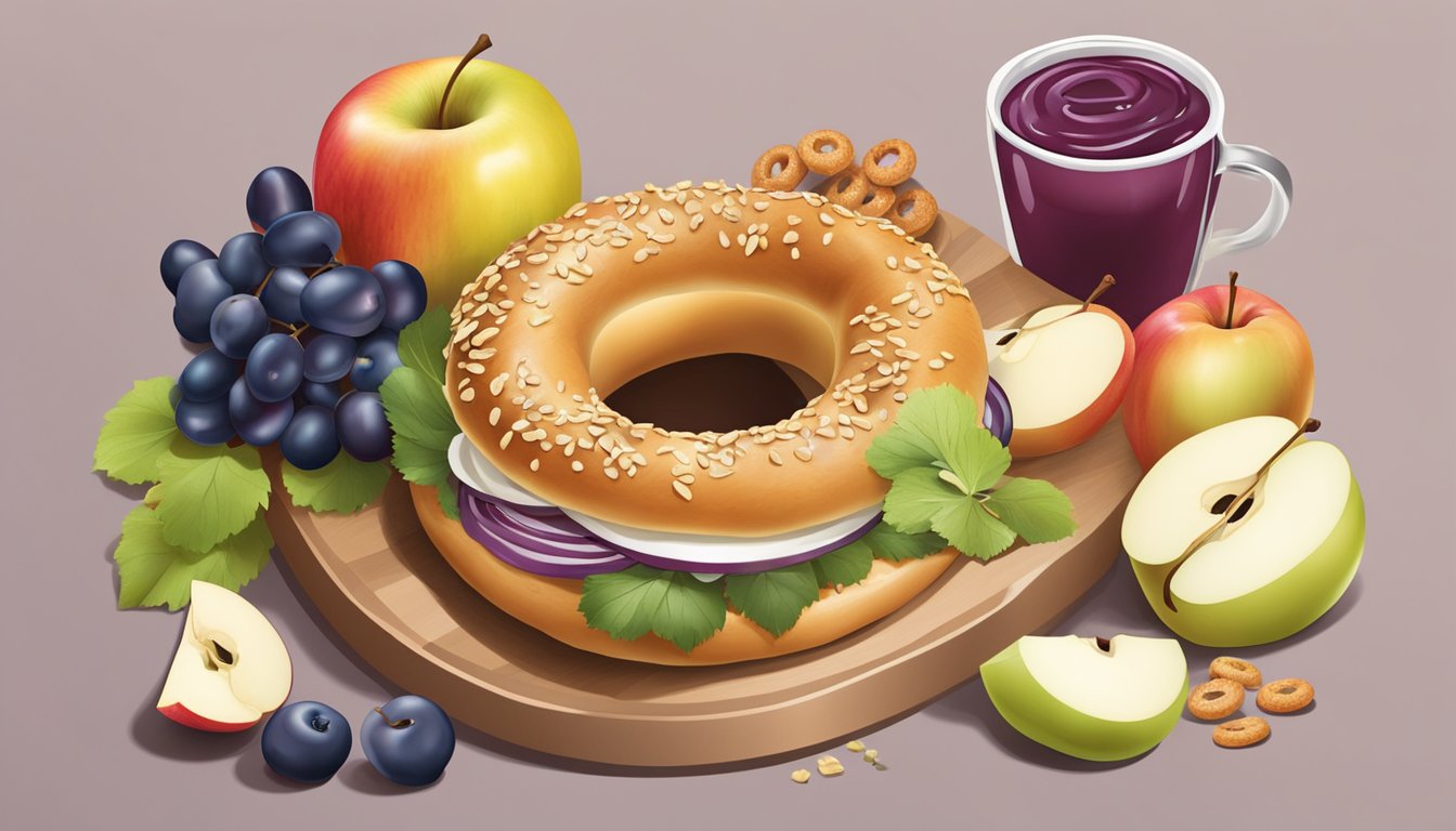 A bagel with grapes and apple slices arranged on the side, surrounded by a variety of toppings and spreads