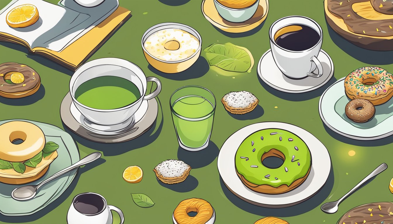 A donut with a green tea sits on a table, surrounded by other breakfast items