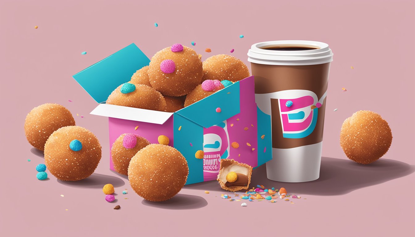 A colorful box of Dunkin' donut holes sits open on a table, surrounded by scattered crumbs and a half-empty cup of coffee