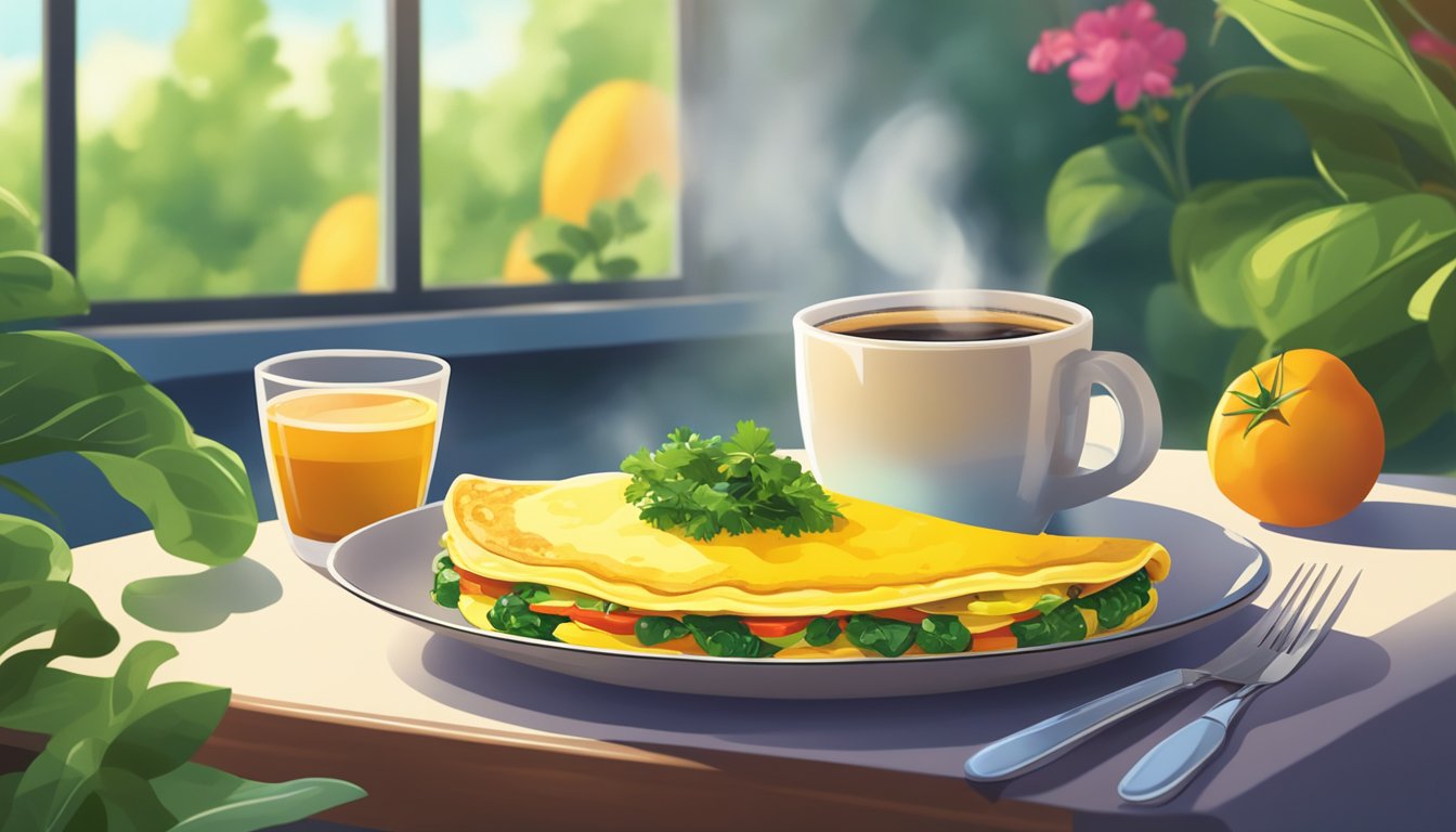 A colorful veggie omelet and a steaming cup of espresso sit on a table, surrounded by vibrant greenery and morning sunlight