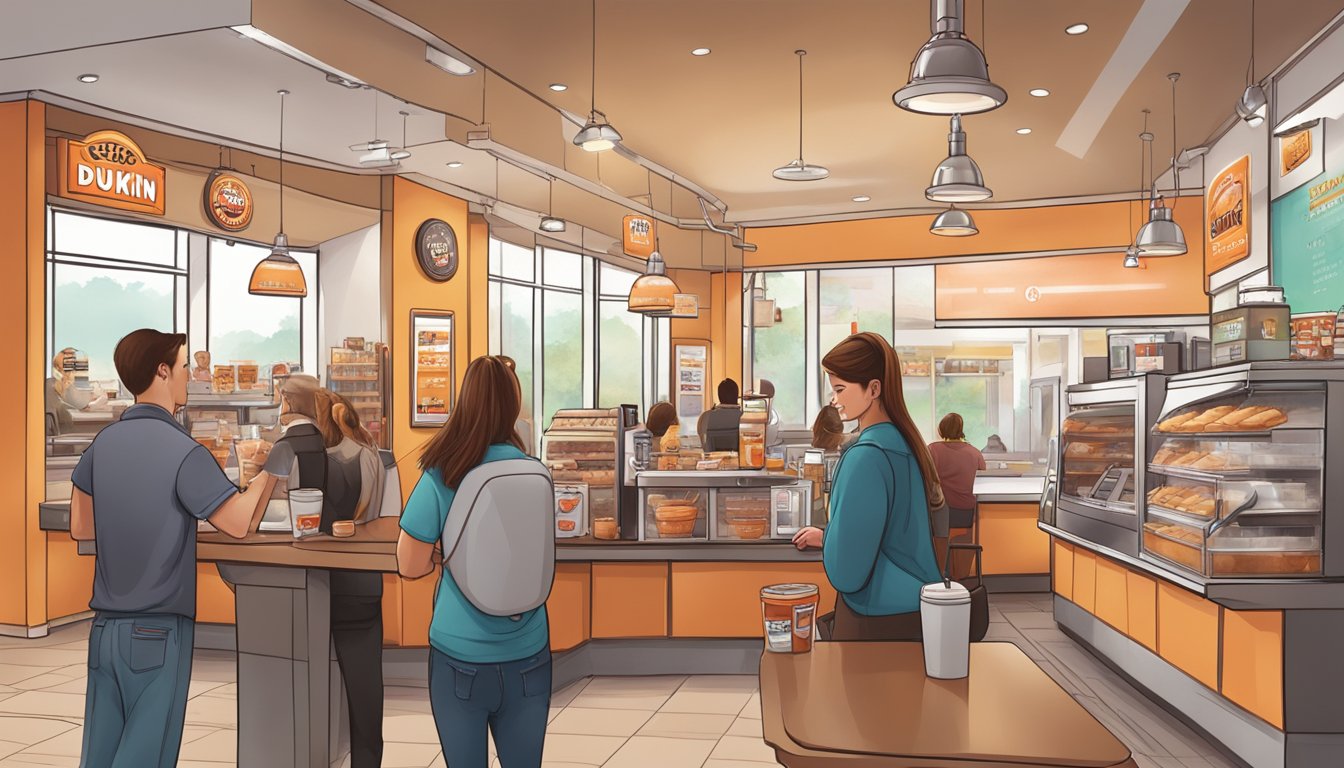 A bustling Dunkin' location with a familiar staff and regular customers. The aroma of freshly brewed coffee fills the air as the morning rush begins