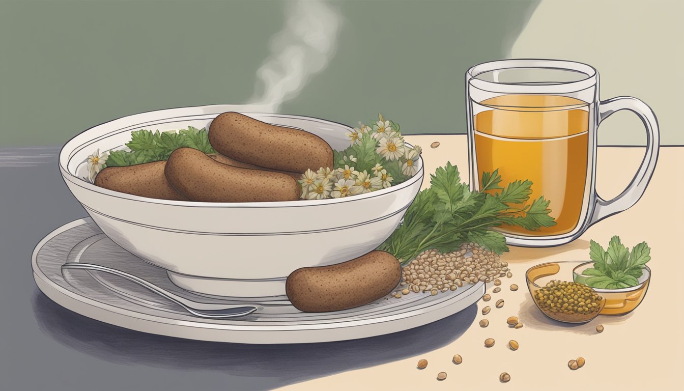 A steaming bowl of turkey sausage, veggies, and grains sits next to a delicate cup of chamomile tea