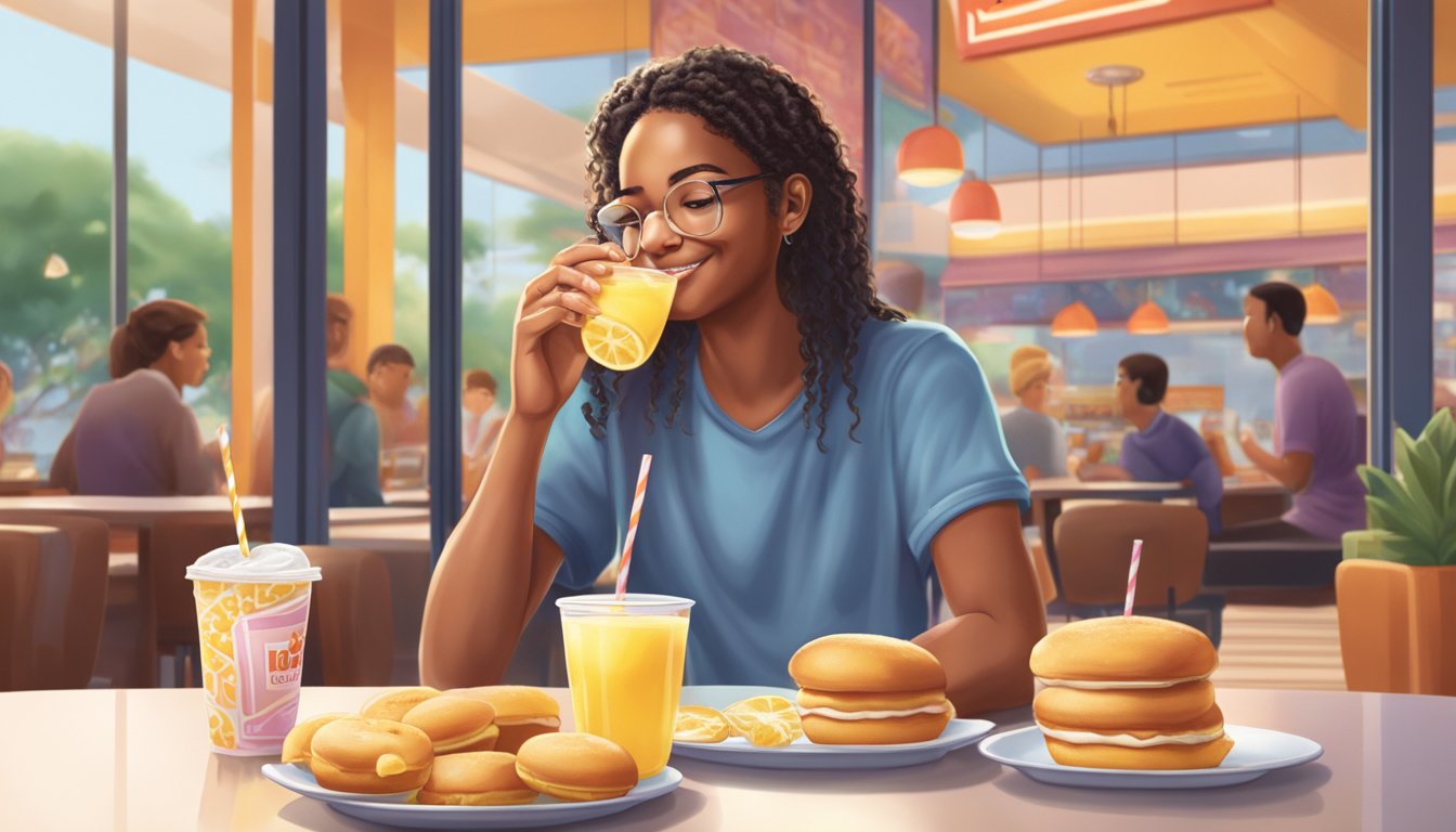 A Libra enjoying glazed munchkins and lemonade at a Dunkin' Donuts breakfast table, surrounded by a harmonious and balanced atmosphere