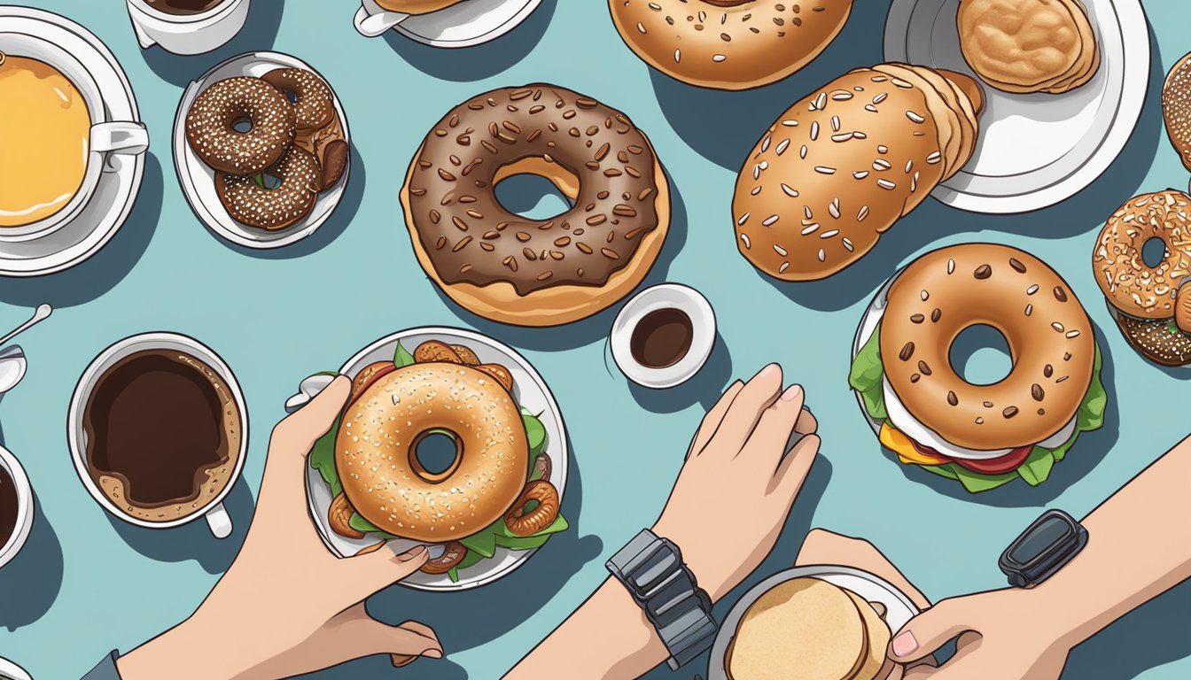 A person holding a Dunkin' Donuts coffee cup while surrounded by breakfast items like bagels, donuts, and breakfast sandwiches