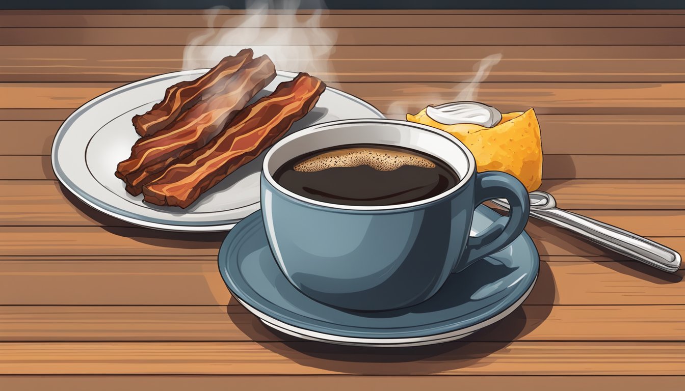 A plate of sizzling sweet black pepper bacon and a steaming cup of dark roast coffee on a breakfast table