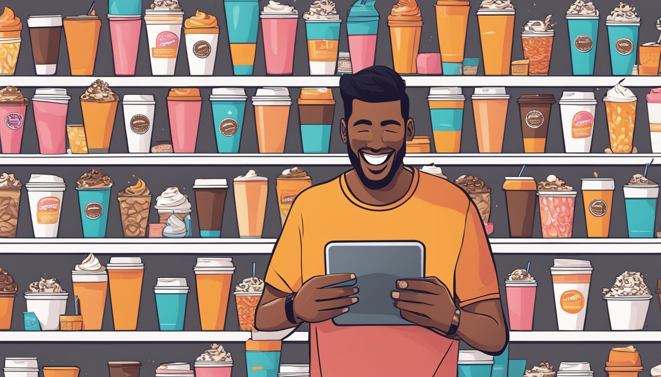 A person surrounded by Dunkin' coffee cups and breakfast items, checking their phone with a smile