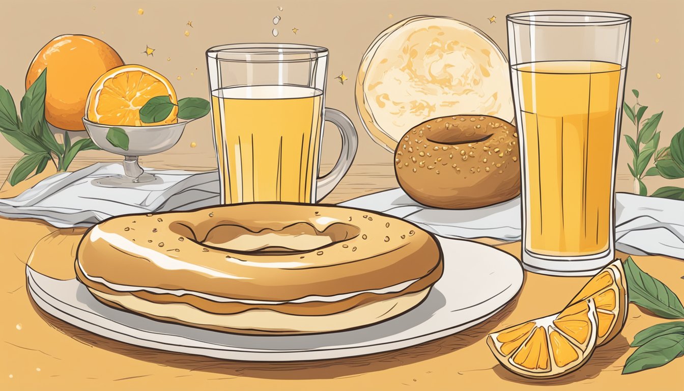 A bagel with butter sits next to a glass of orange juice, with the Sagittarius zodiac symbol in the background