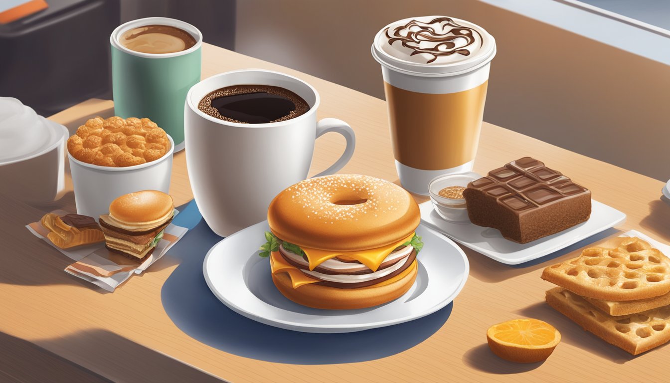 A Dunkin' coffee cup sits on a table, surrounded by breakfast items