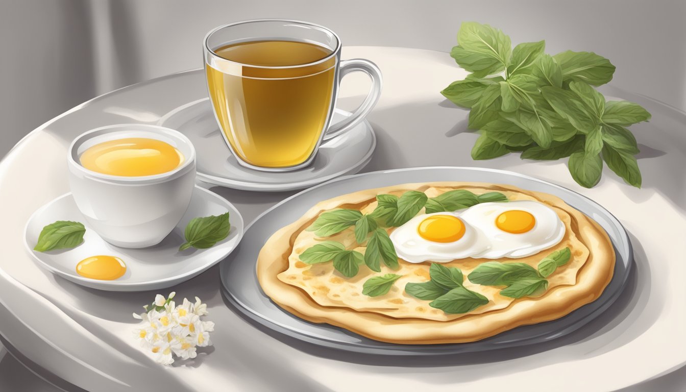 A flatbread with egg whites and a cup of herbal tea on a table