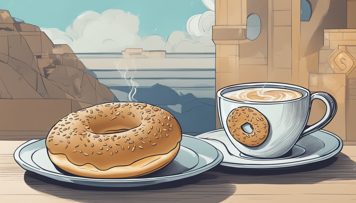 A steaming chai latte sits next to a multigrain bagel on a plate, with the Aquarius zodiac symbol nearby