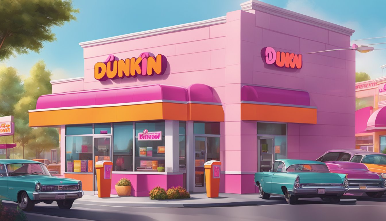 A busy Dunkin' drive-thru with cars lined up, a colorful menu board, and the iconic pink and orange branding on the building