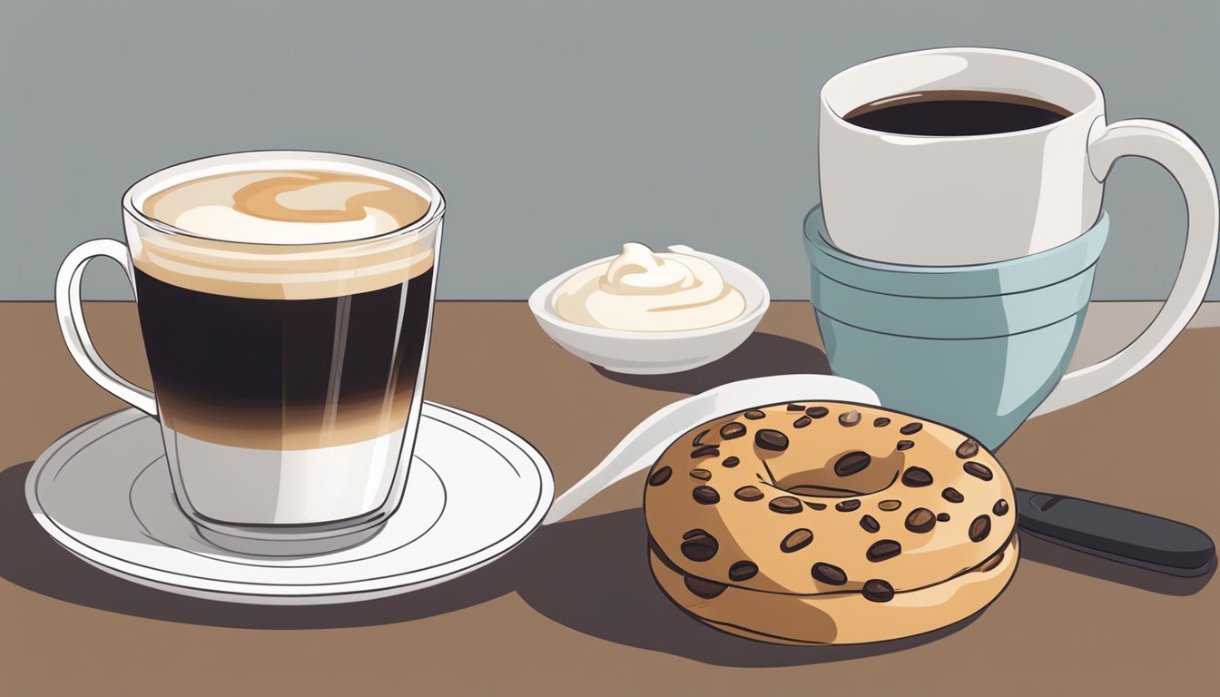 A cinnamon raisin bagel sits on a white plate next to a steaming cup of black coffee, with a small dish of vegan cream cheese on the side