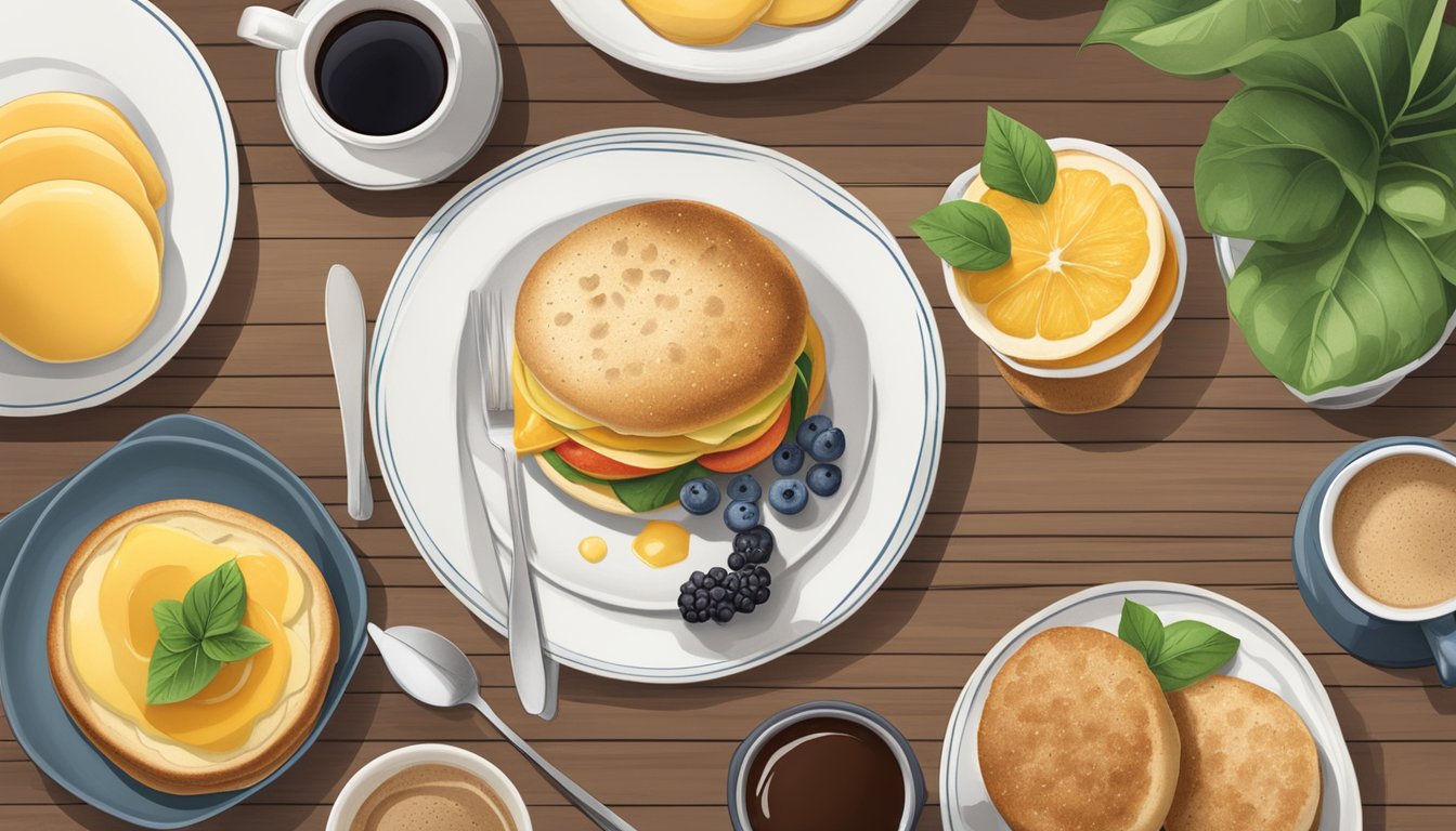 A breakfast table with an English muffin, plant-based spreads, fruits, and coffee