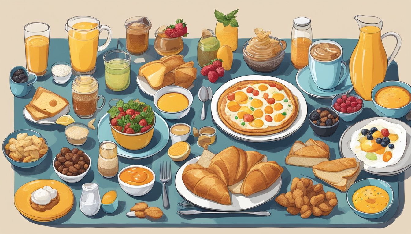 A table with 11 breakfast pairings, each labeled with a zodiac sign, surrounded by colorful illustrations of food and drink items