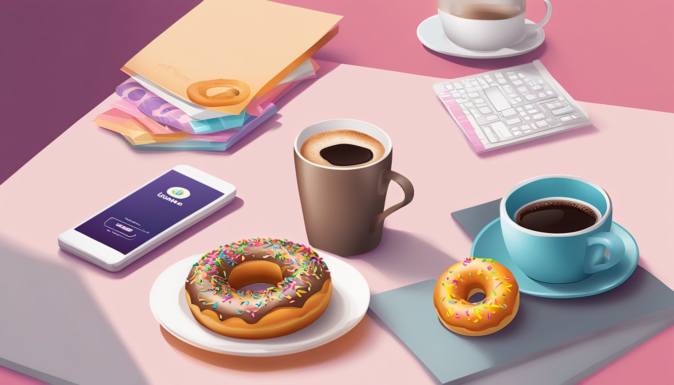 A table with a coffee cup, donut, and phone displaying Dunkin' rewards points