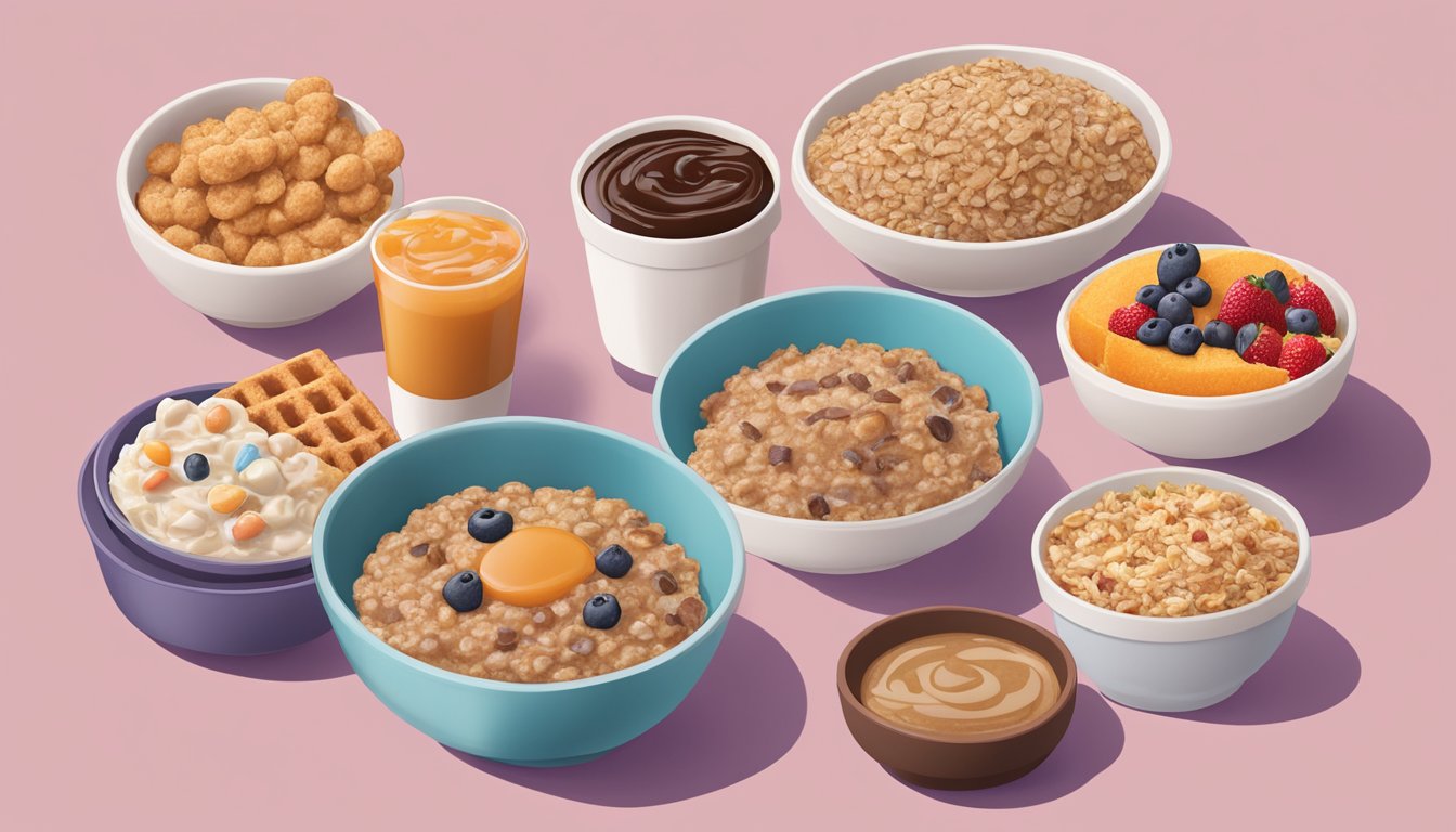 A bowl of multigrain brown sugar oatmeal surrounded by 6 Dunkin' breakfast items, all vegan