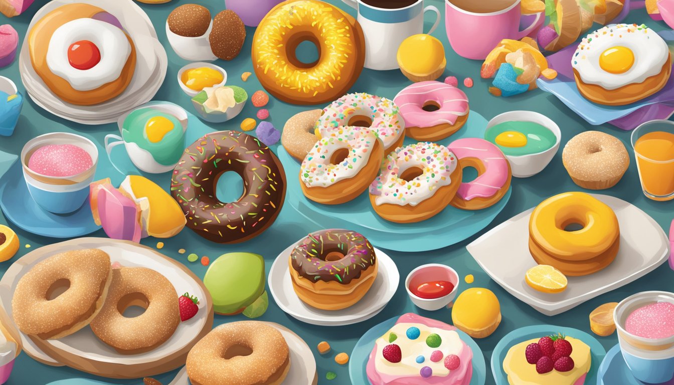 A colorful display of donut holes and breakfast options, surrounded by playful and whimsical elements to appeal to children