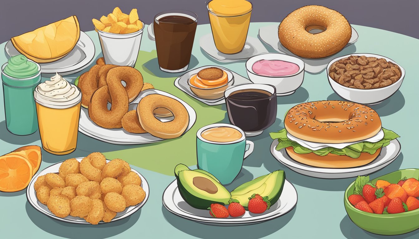 A table with a variety of Dunkin' breakfast items, including a bagel with avocado spread, hash browns, and a fruit bowl, all labeled as vegan