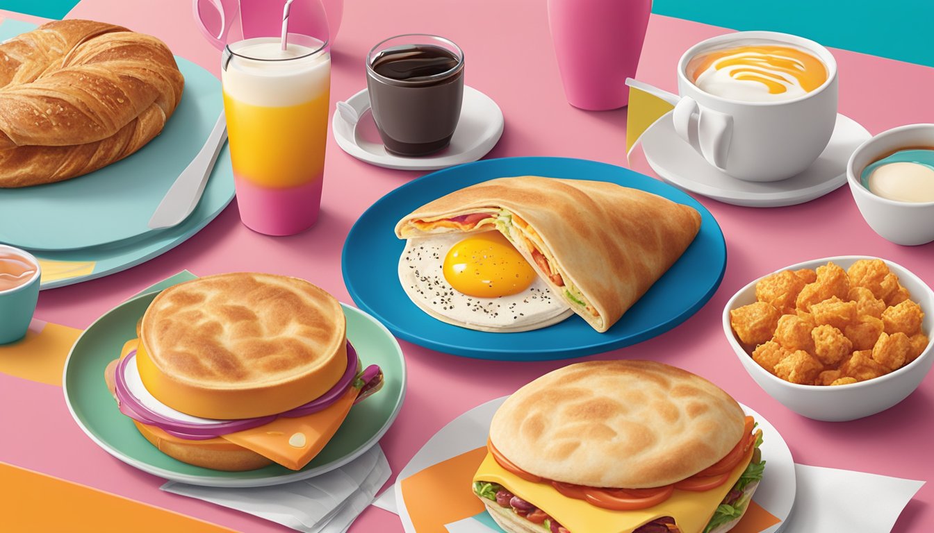 A colorful breakfast spread with an Egg & Cheese Wake-Up Wrap among other Dunkin' breakfast options, arranged on a vibrant table