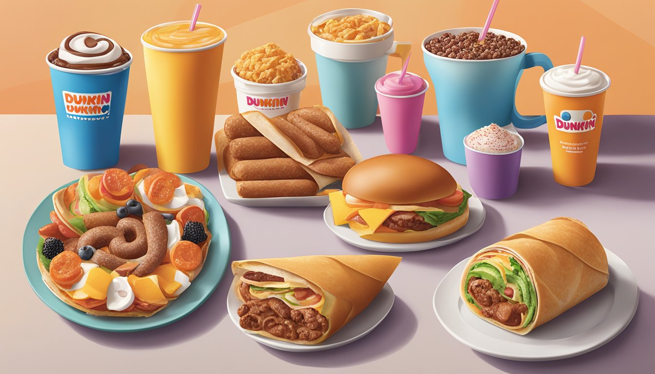 A colorful array of Dunkin' breakfast items arranged neatly on a table, with a focus on the Turkey Sausage Wake-Up Wrap