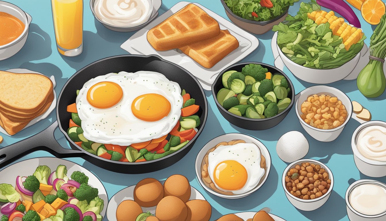 A colorful array of fresh vegetables and fluffy egg whites sizzling in a pan, surrounded by Dunkin' breakfast items neatly arranged for meal prep