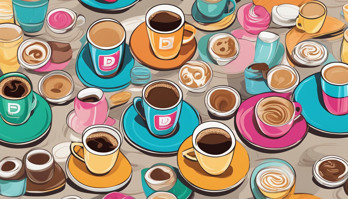 A table with a variety of Dunkin' inspired coffee cups arranged in an artistic display