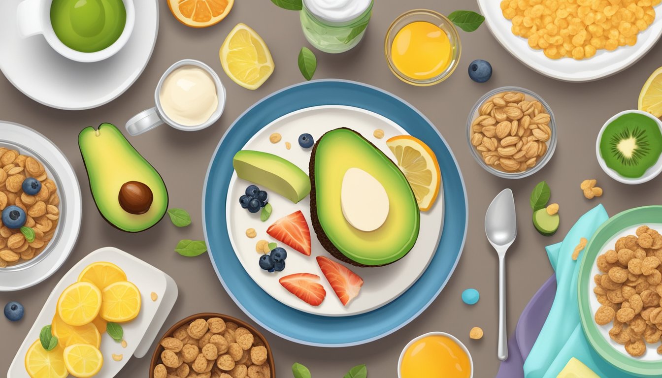 A colorful plate with avocado toast, surrounded by kid-friendly breakfast options like cereal, fruit, and yogurt