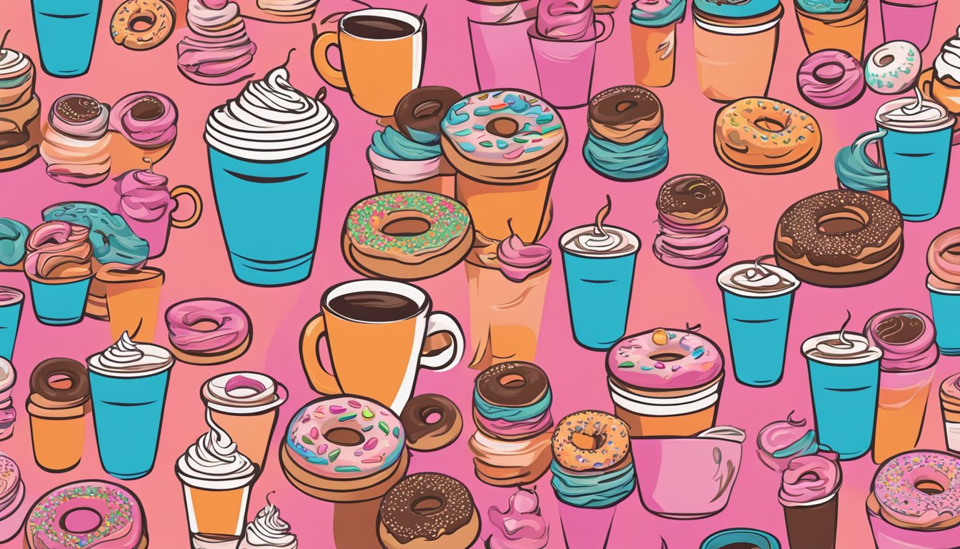 A colorful array of Dunkin' inspired tattoos, featuring donuts, coffee cups, and the iconic pink and orange logo