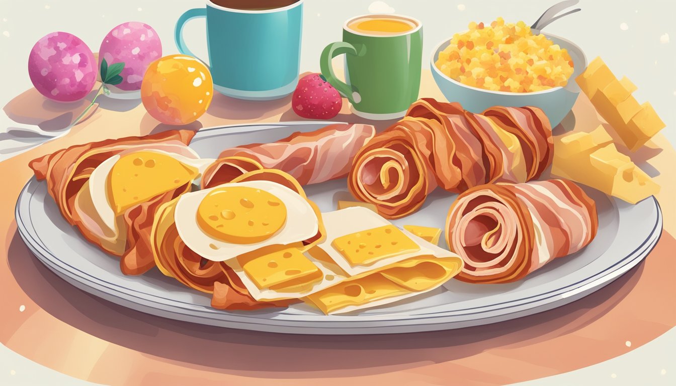 A plate of bacon and cheese rollups surrounded by colorful and playful breakfast-themed decorations