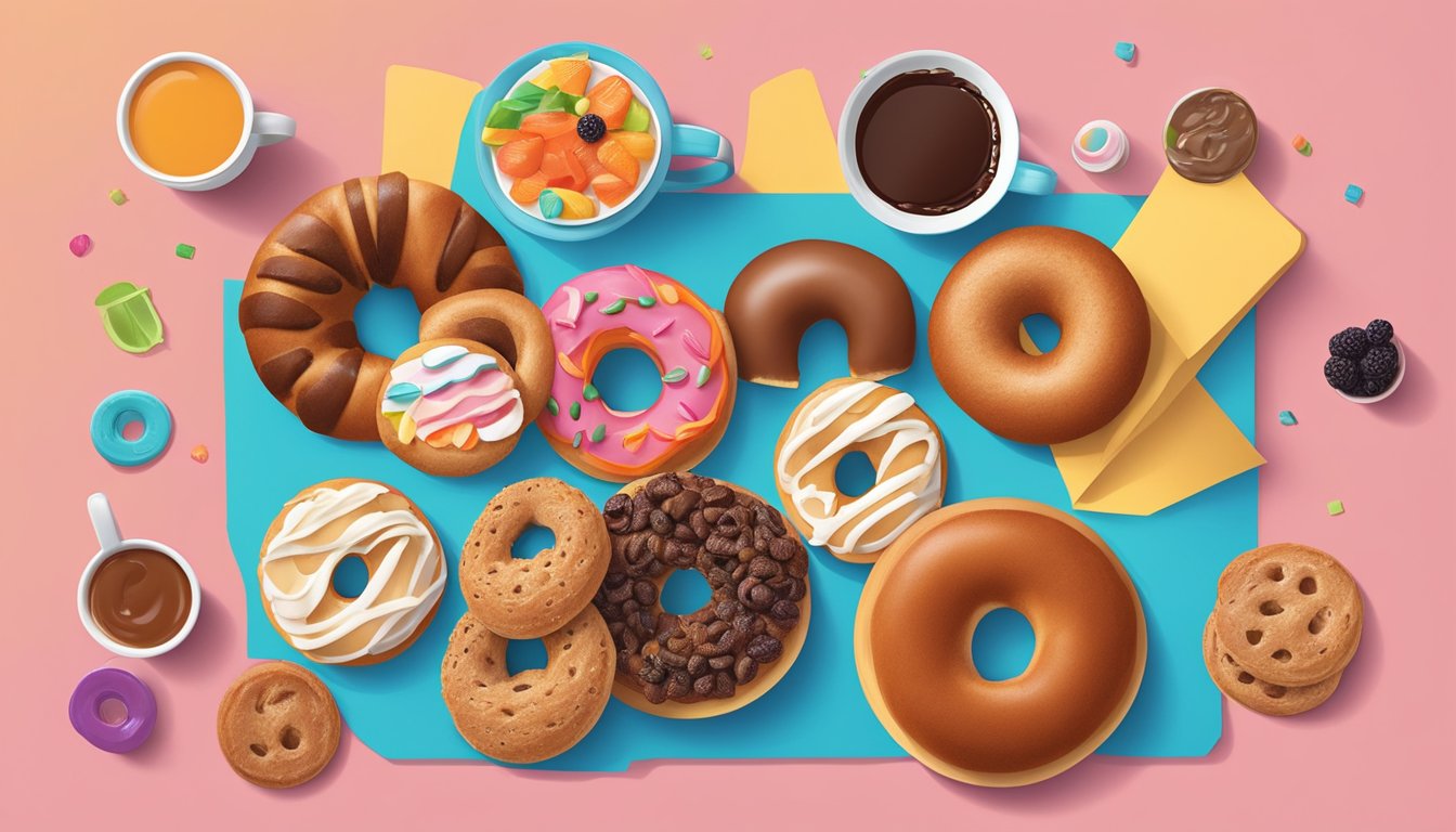 A colorful spread of a cinnamon raisin bagel surrounded by kid-friendly breakfast options at Dunkin'